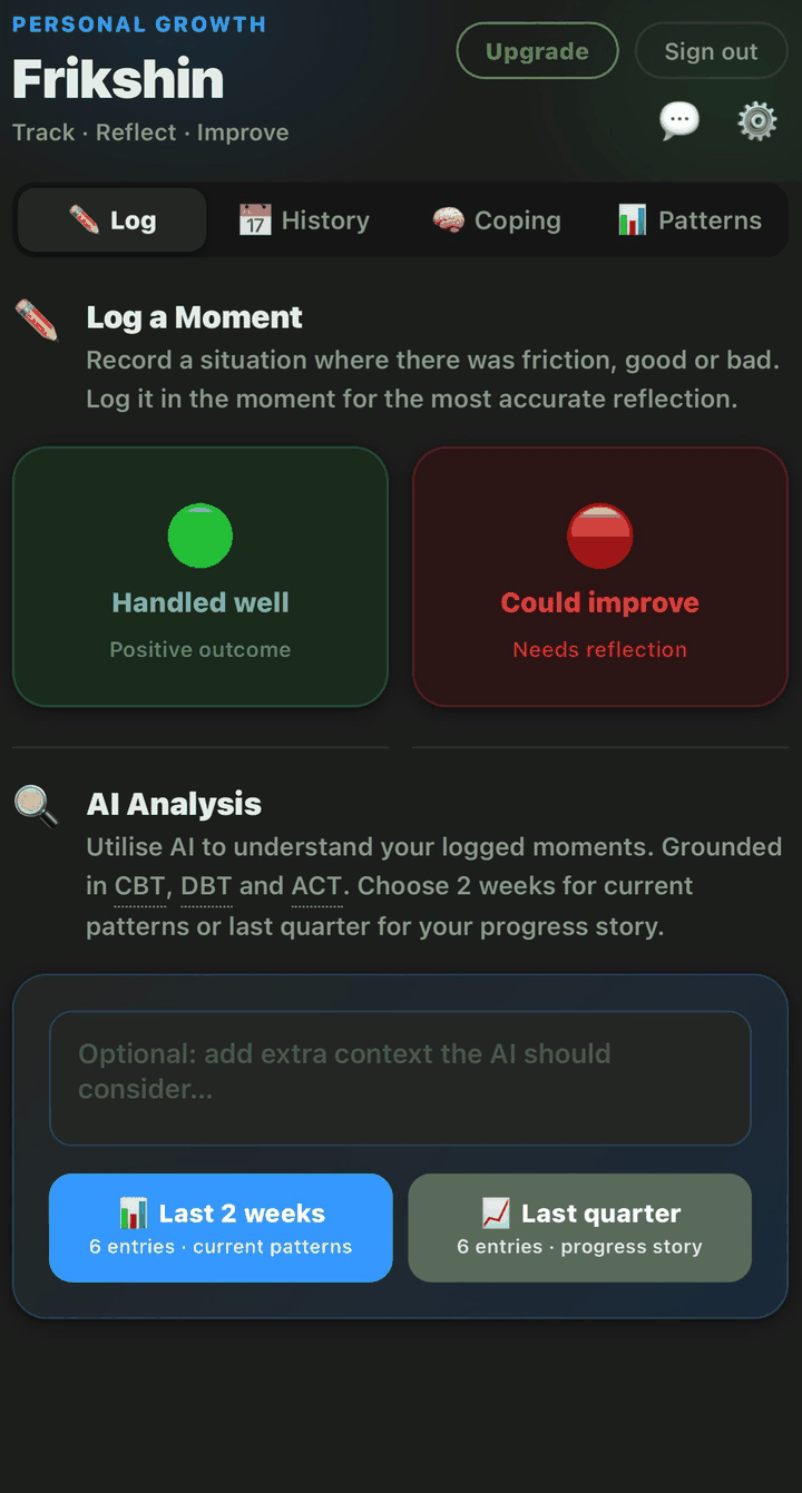 Frikshin log entry screen showing emotion selection